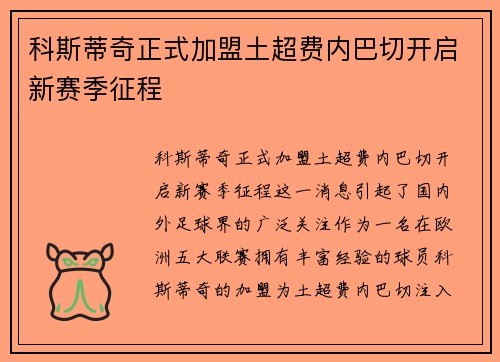 科斯蒂奇正式加盟土超费内巴切开启新赛季征程