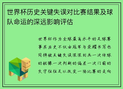 世界杯历史关键失误对比赛结果及球队命运的深远影响评估