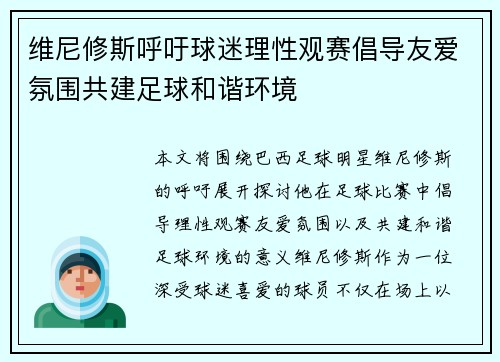 维尼修斯呼吁球迷理性观赛倡导友爱氛围共建足球和谐环境